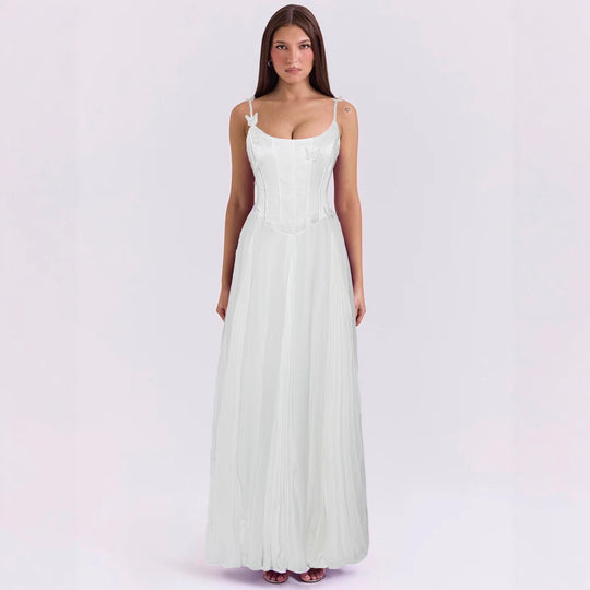 Damen nan figurbetontes Korsett-Maxikleid mit Schmetterlings-Trägern und plissiertem Chiffonrock R&B
