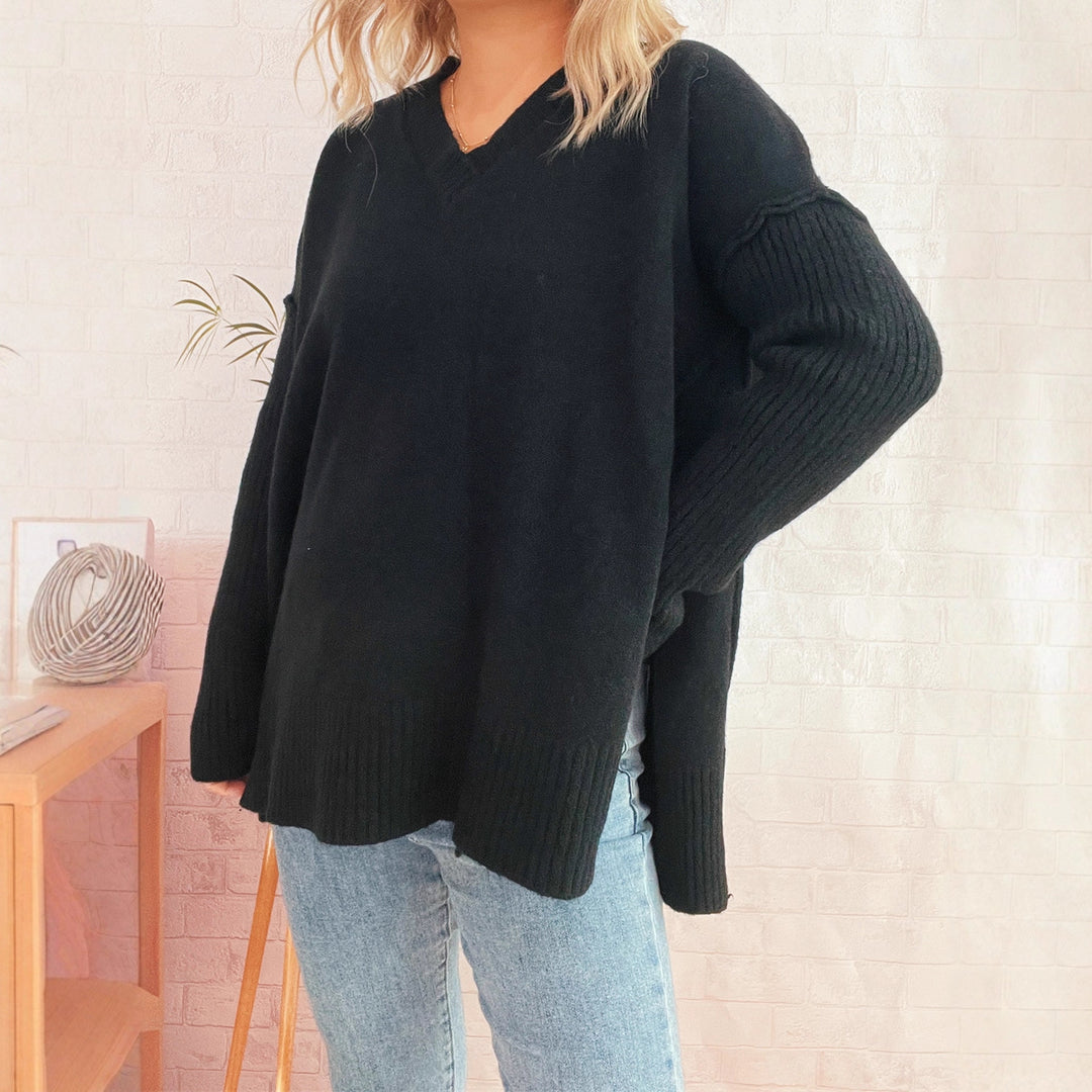 Damen lässiger V-Ausschnitt Pullover mit stylishen Rippdetails R&B
