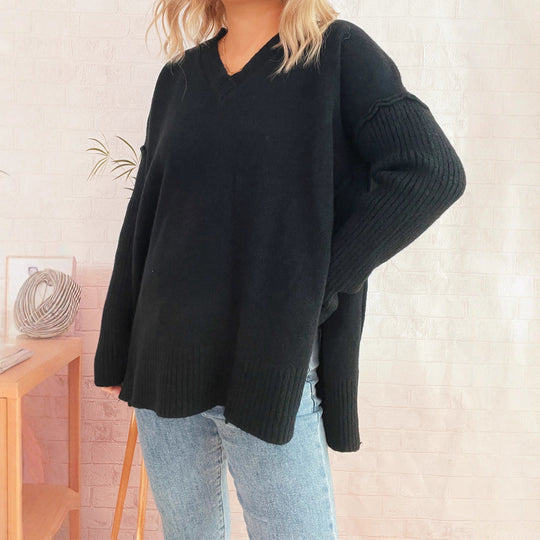 Damen lässiger V-Ausschnitt Pullover mit stylishen Rippdetails R&B