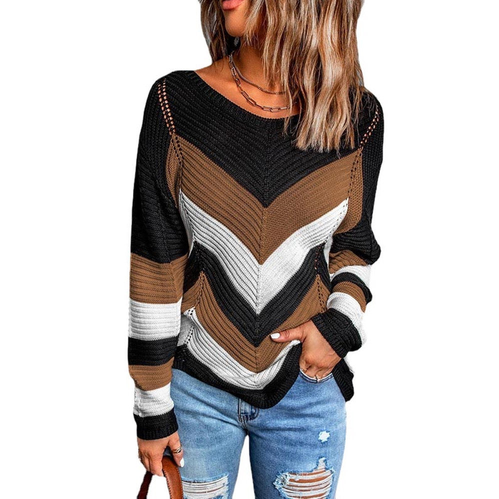 Damen Modischer Strickpullover mit Chevron-Muster und lockerer Passform R&B