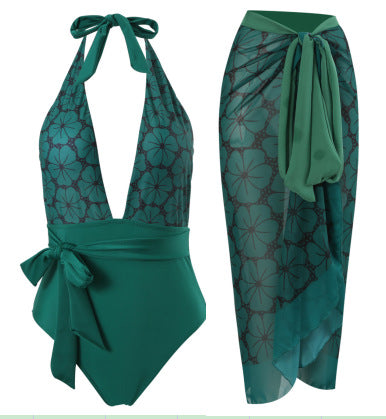 Damen eleganter Einteiler Badeanzug mit floralem Wickelrock R&B
