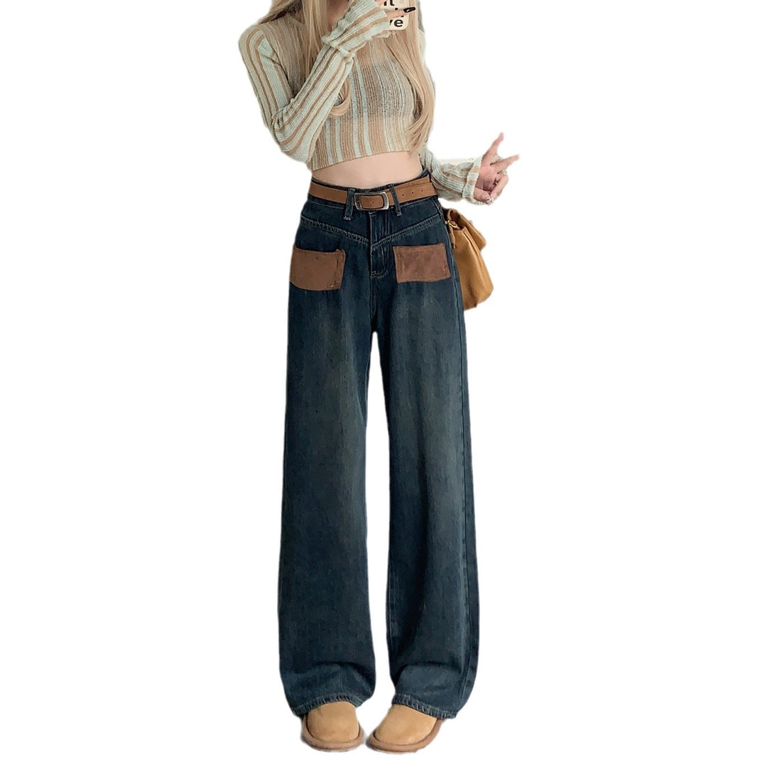 Damen Weite Jeanshose mit modischen Taschen und hohem Bund R&B