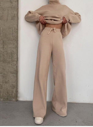 Damen elegantes Strick-Loungewear-Set mit hohem Kragen und weitem Bein R&B