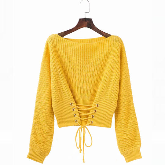 Damen Pullover mit tiefem Rückenausschnitt und dekorativen Schnürdetails R&B