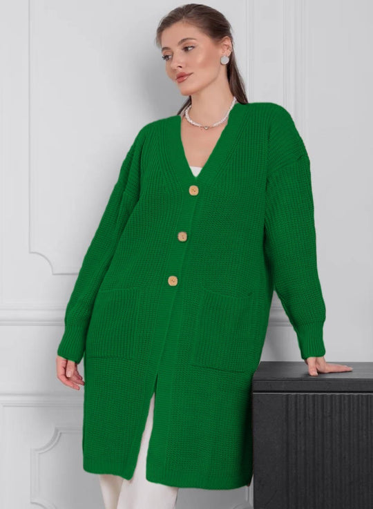 Damen Grobstrick-Cardigan mit schlichten Holzknöpfen und praktischen Taschen R&B
