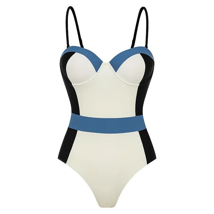 Damen High-Waist Einteiler Badeanzug mit modernem Schnitt und verspielten Farbblockelementen R&B