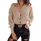 Damen lässiger Strickpullover mit tiefem V-Ausschnitt und Knopfdetails R&B