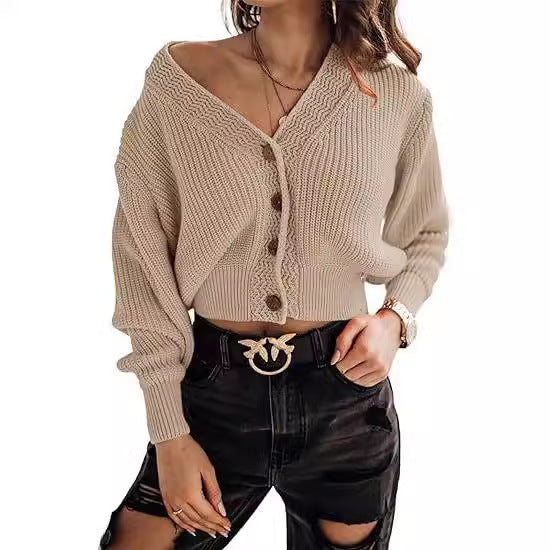 Damen lässiger Strickpullover mit tiefem V-Ausschnitt und Knopfdetails R&B