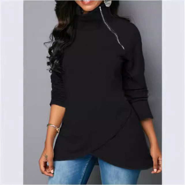Damen Rundhals Shirt mit hoher Kragen und Reißverschluss R&B