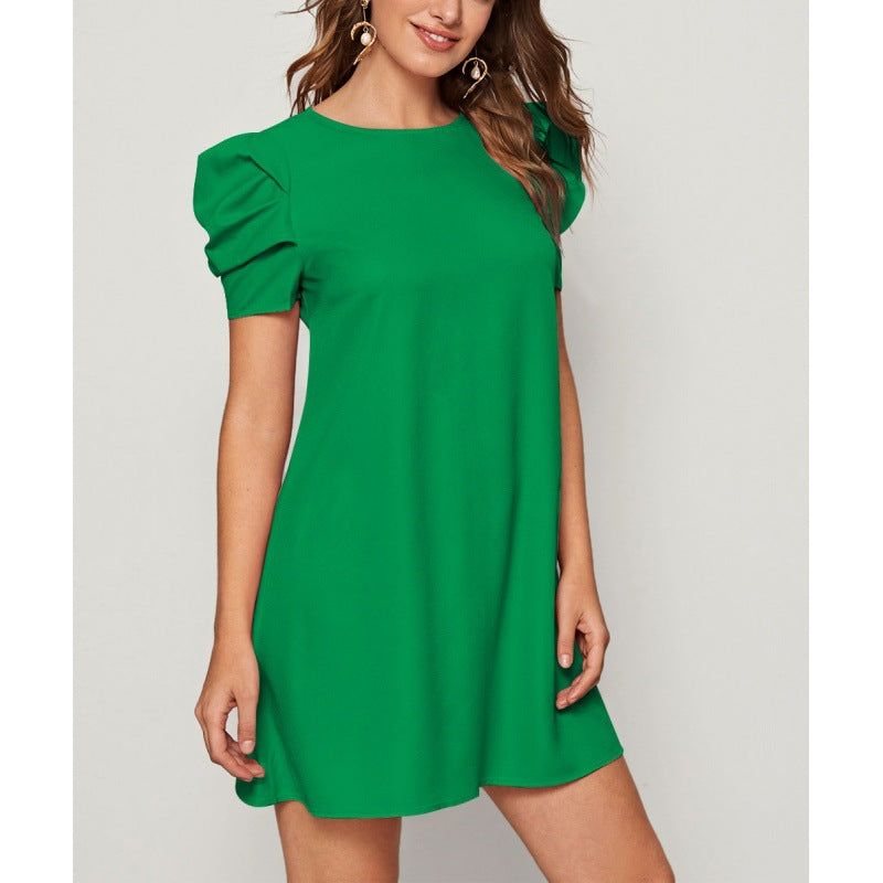 Damen lässiges Kurzarmkleid mit voluminösen Puffärmeln und lockerem Schnitt R&B