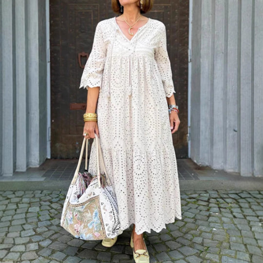 Damen nan fließendes Maxikleid mit Ajourstickerei, V-Ausschnitt, Unterbrustnaht und Volantrock R&B
