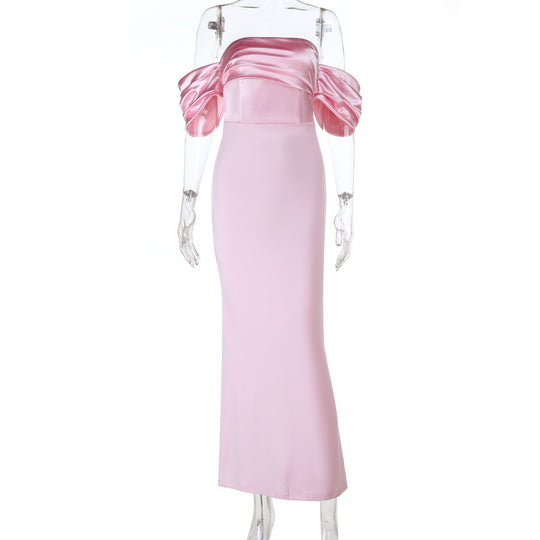 Damen schulterfreies Maxikleid mit elegantem Wickeldetail und voluminösen Puffärmeln R&B