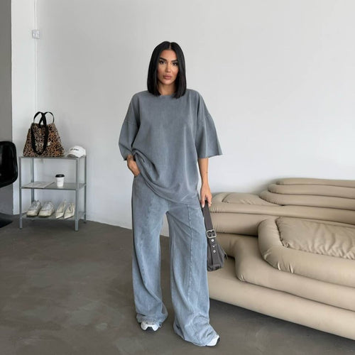 Damen lässiges Baumwoll-Set mit weitem Schnitt und elastischem Bund R&B