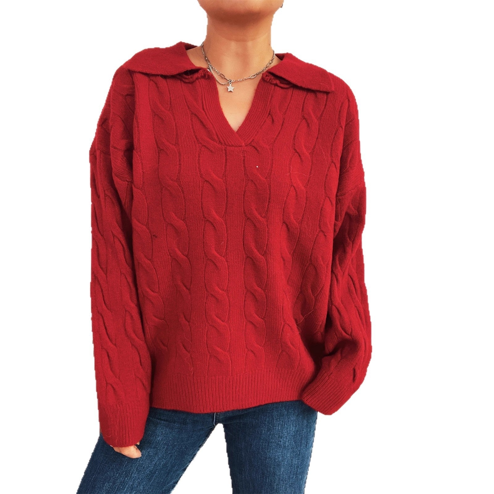Damen Grobstrickpullover mit farbenfrohem Zopfdesign und klassischem Kragen R&B