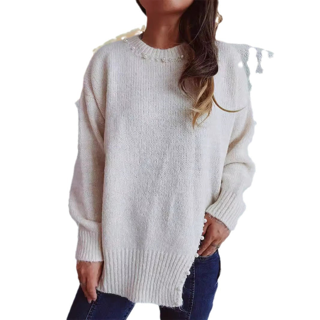 Damen Grobstrickpullover mit Perlenausschnitt und asymmetrischem Saum R&B