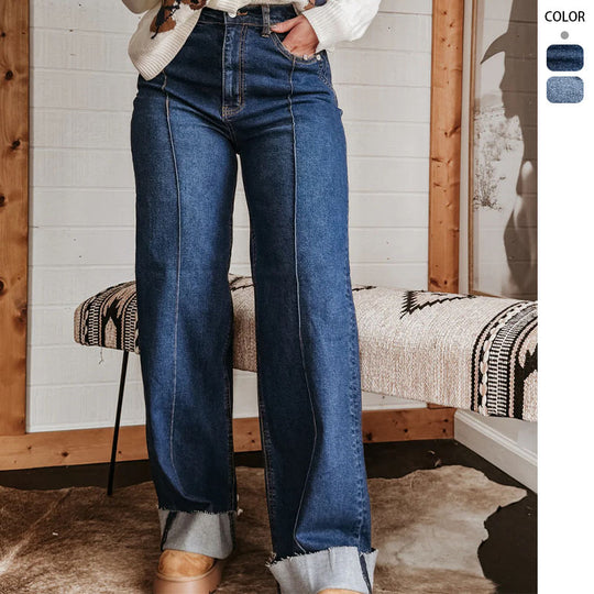 Damen weite High-Waist Jeans mit einzigartigen Kontrastnähten und lässigem Look R&B