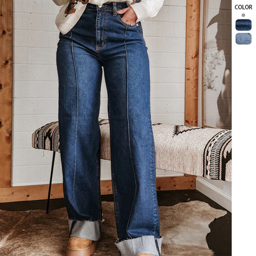 Damen weite High-Waist Jeans mit einzigartigen Kontrastnähten und lässigem Look R&B