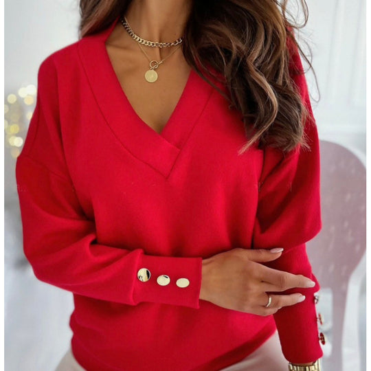 Damen lässiger V-Ausschnitt Pullover aus weichem Baumwollmix R&B