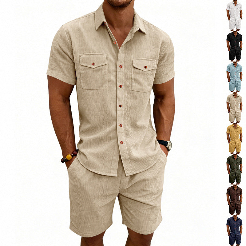 Herren nan strukturiertes Cord-Freizeitset mit Camp-Kragen-Hemd und lässigen Shorts R&B