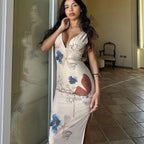 Damen Maxikleid mit tiefem V-Ausschnitt und floralem Design R&B