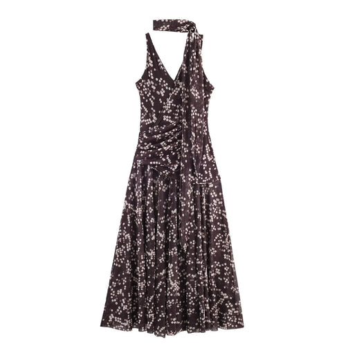 Damen Maxikleid mit floralem Rüschenversatz und elegantem V-Ausschnitt R&B