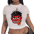 Damen Crop-T-Shirt mit kreativem Comic-Motiv R&B