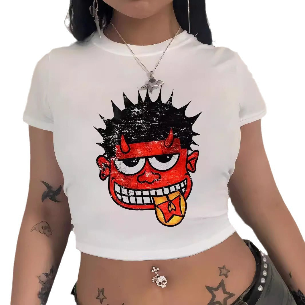 Damen Crop-T-Shirt mit kreativem Comic-Motiv R&B