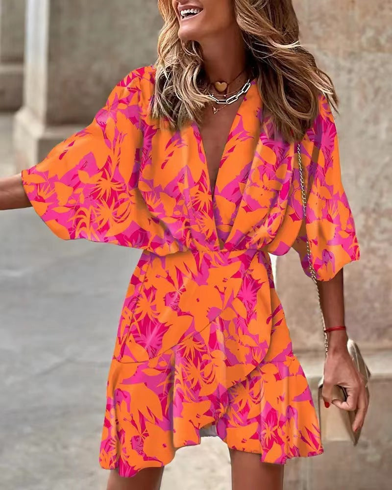 Damen Lässiges Wickelkleid mit voluminösen Ärmeln und modischem Tierdruck R&B