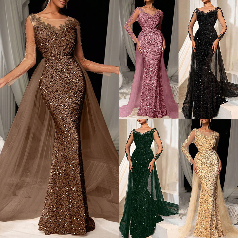 Damen Glamouröses Abendkleid mit schimmerndem Spitzenoberteil und fließendem Tüllumhang R&B
