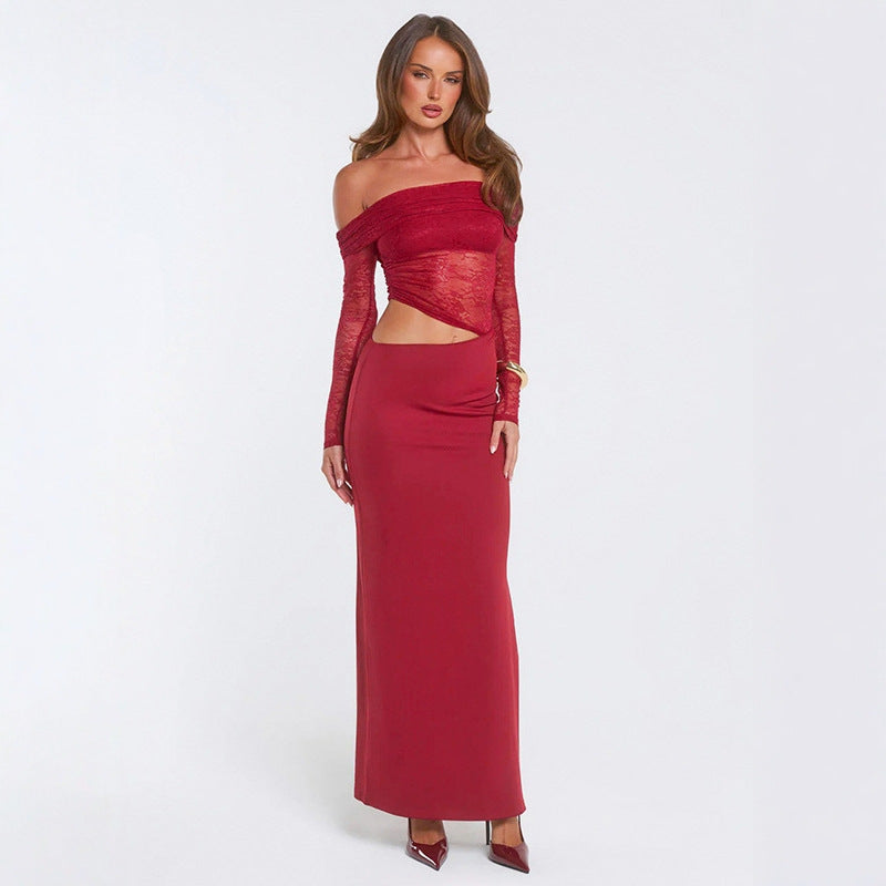 Damen elegantes Off-Shoulder-Maxikleid mit asymmetrischem Schnitt und transparenter Spitze R&B