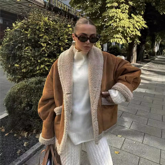 Damen kuschelige Übergangsjacke mit weichem Innenfutter und modischem Revers R&B
