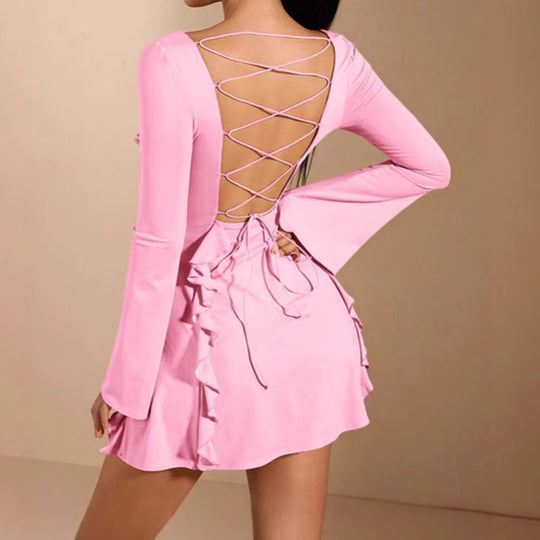 Damen elegantes Rüschenkleid mit tiefem Ausschnitt und langen Ärmeln R&B