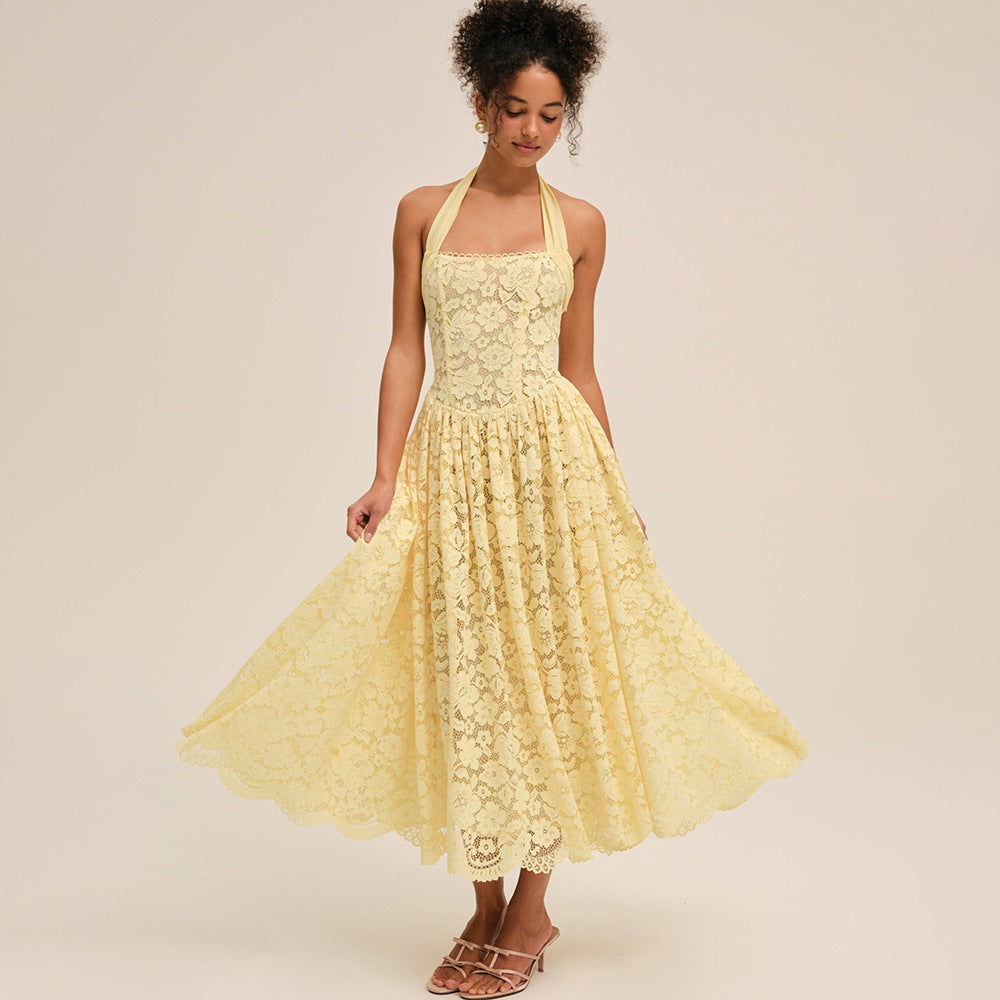 Damen Elegant Spitzenkleid mit geflochtenem Träger R&B