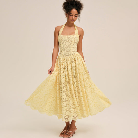 Damen Elegant Spitzenkleid mit geflochtenem Träger R&B