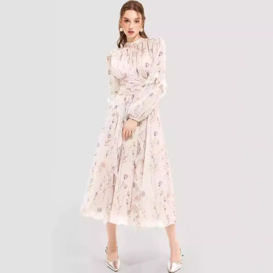 Damen Midi-Kleid mit floralen Stickereien und elegantem Rüschensaum R&B