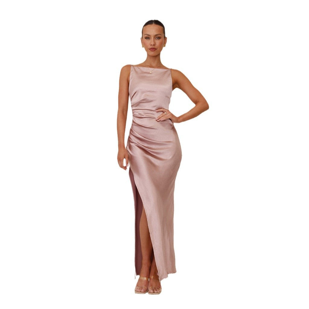 Damen schickes Maxikleid mit elegantem Schlitz und luxuriösem Satin-Finish R&B