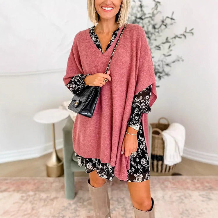Damen lässiger Strickponcho mit V-Ausschnitt und übergroßem Schnitt R&B
