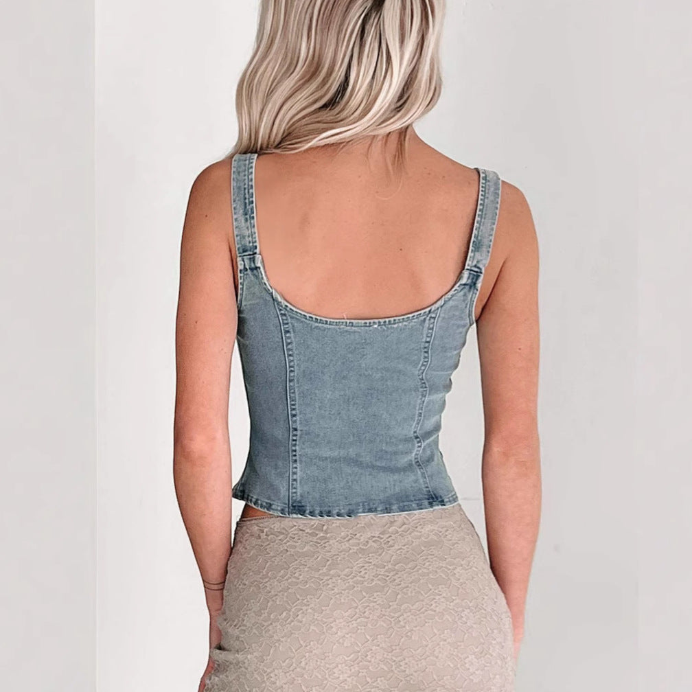 Damen Denim-Corsage mit Reißverschluss und verstellbaren Trägern R&B