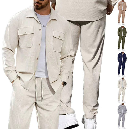 Herren nan lässiger Zweiteiler Hemdjacke mit aufgesetzten Brusttaschen und Kordelzughose R&B