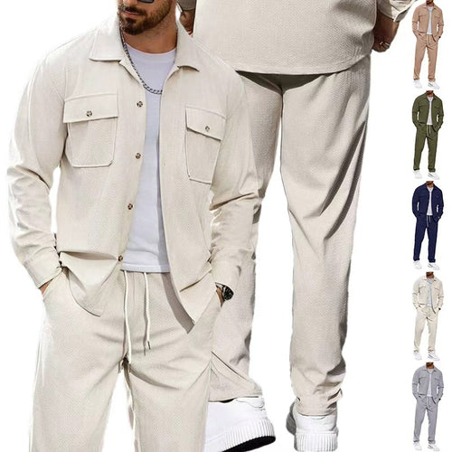 Herren nan lässiger Zweiteiler Hemdjacke mit aufgesetzten Brusttaschen und Kordelzughose R&B