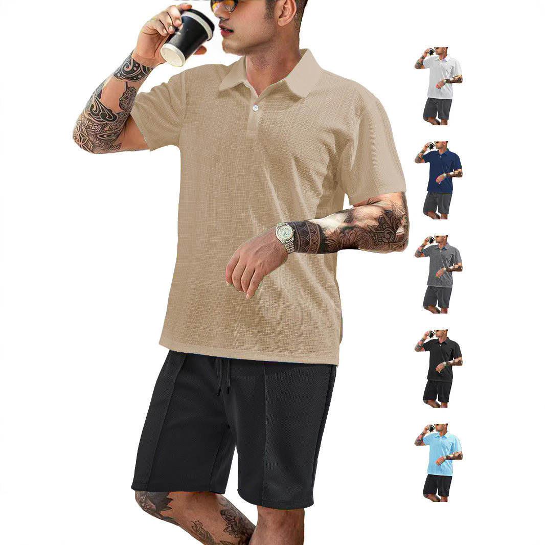 Herren nan zweiteiliges Sommer-Reise-Set mit texturiertem Kurzarm-Poloshirt und funktionalen Mesh-Shorts R&B