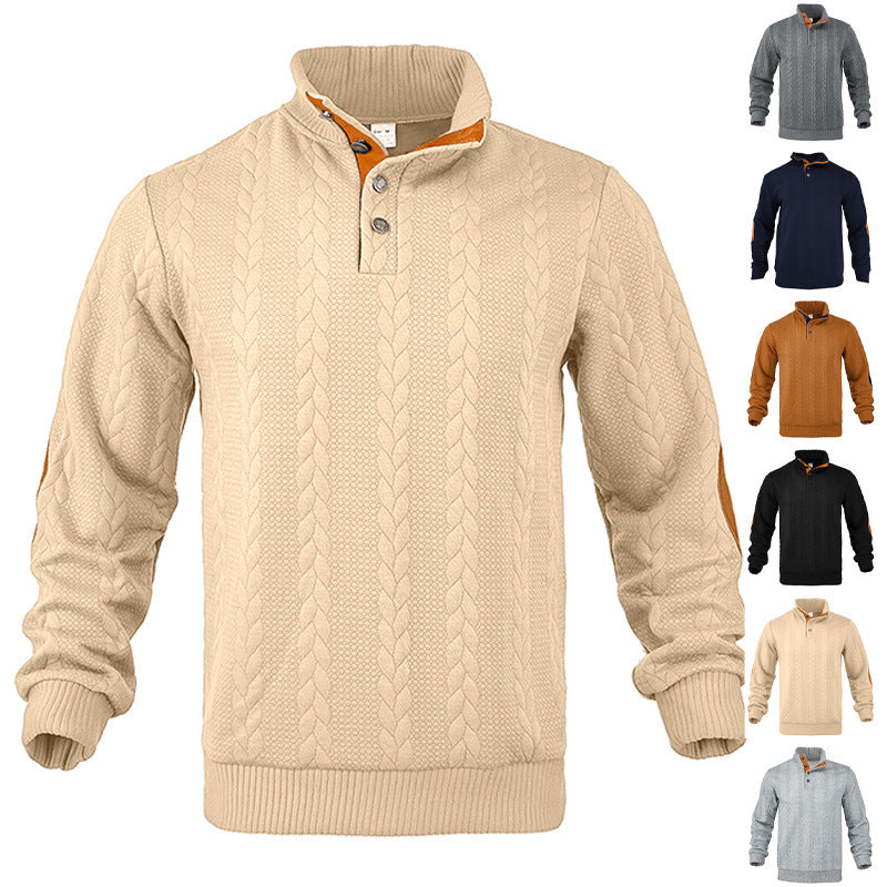 Herren nan lässiger Zopfstrickpullover mit verstärkter Knopfleiste und Wildleder-Ellenbogenpatches R&B
