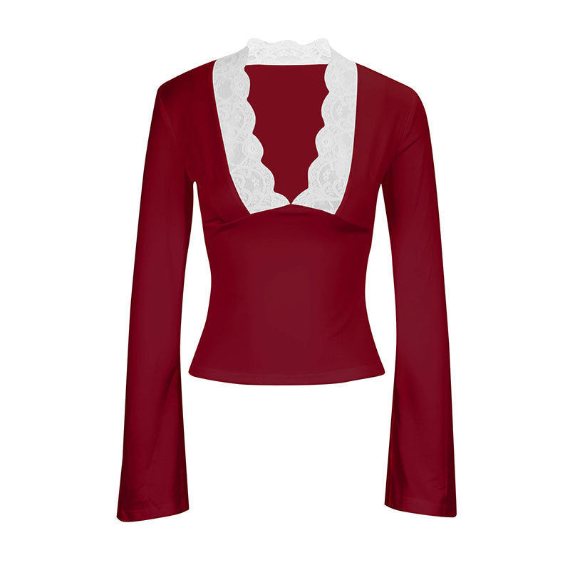 Damen Elegantes Langarm-Top mit Spitzenkragen R&B