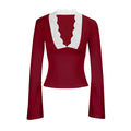 Damen Elegantes Langarm-Top mit Spitzenkragen EB