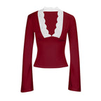 Damen Elegantes Langarm-Top mit Spitzenkragen EB