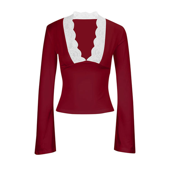 Damen Elegantes Langarm-Top mit Spitzenkragen R&B