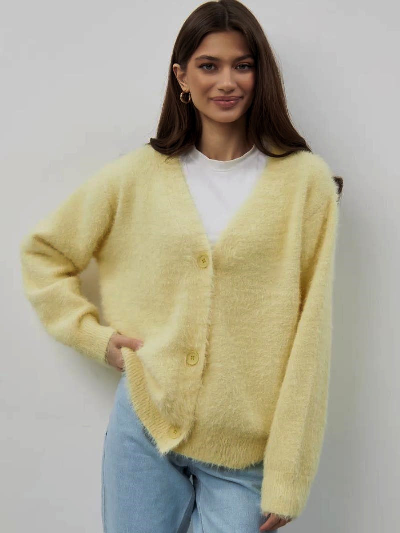 Damen kuschelige Strickjacke mit weichem Mohair-Mix und eleganter Knopfleiste R&B