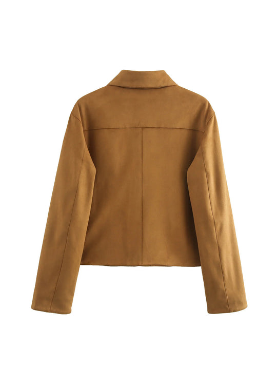 Damen modische Kurzjacke aus hochwertigem Wildlederimitat mit praktischen Taschen R&B