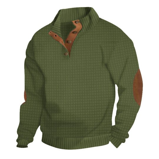 Herren nan waffelstruktur-Troyer mit Stehkragen Druckknopf-Leiste und Nappaleder-Ellenbogenpatches R&B