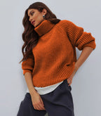Damen Strickpullover mit hohem Kragen und Wabenstruktur R&B